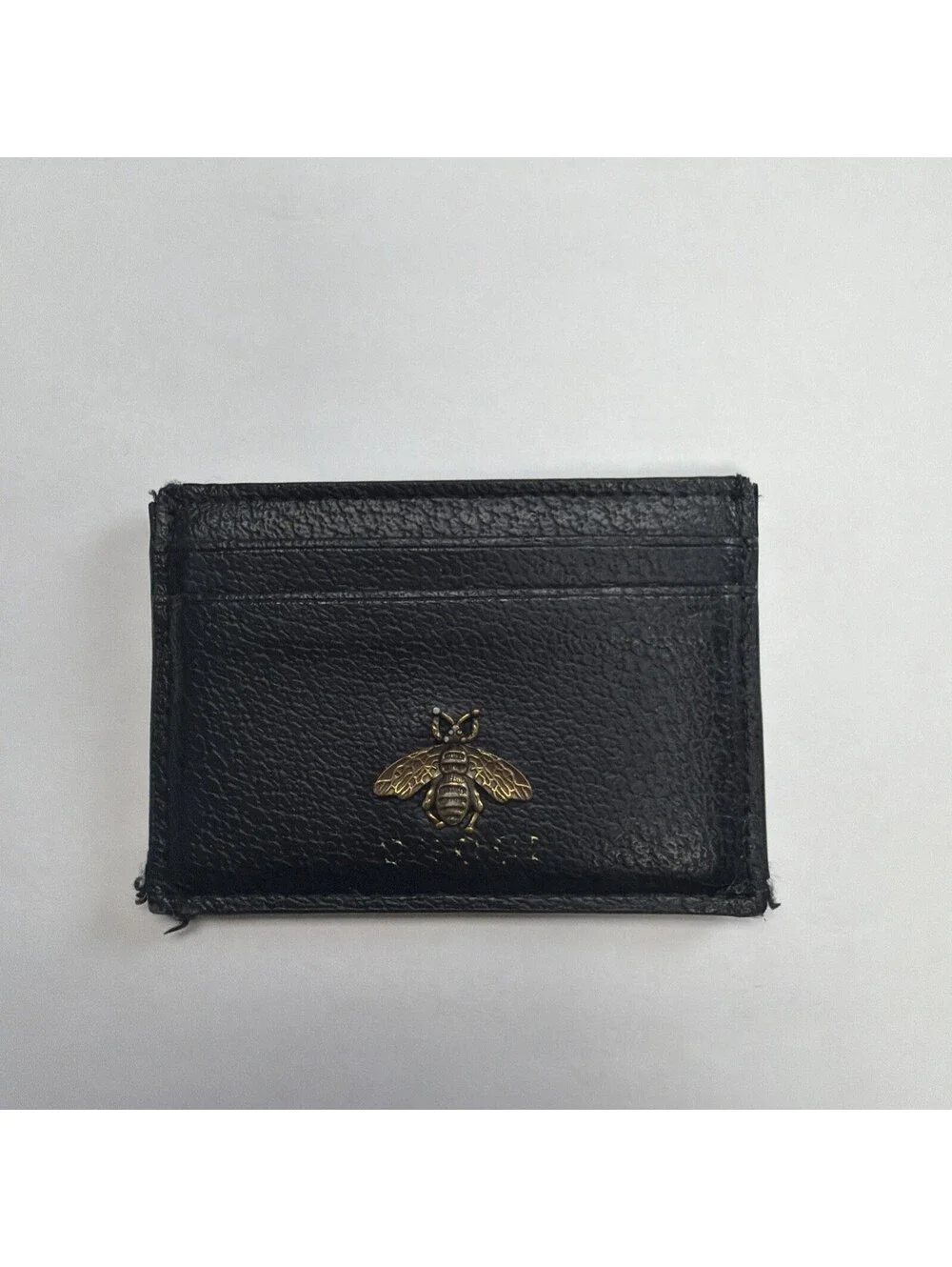 Auth Gucci Black Leather Card Holder Solid Pattern Gold Bee Logo Theme Italy